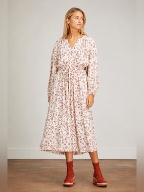 Xirena Salma Cinch Midi Dress S Cream Red Paisley Long Sleeve Rayon Boho